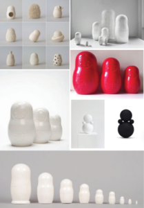 Photographs of different kinds of ceramic matryoshka dolls.